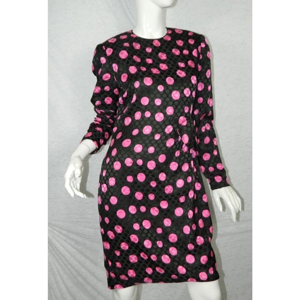 Vintage David Hayes‎ Dress Vintage Black Fuchsia Pink Silk Polka Dots Size 8